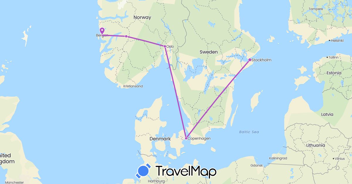 TravelMap itinerary: driving, train in Denmark, Norway, Sweden (Europe)